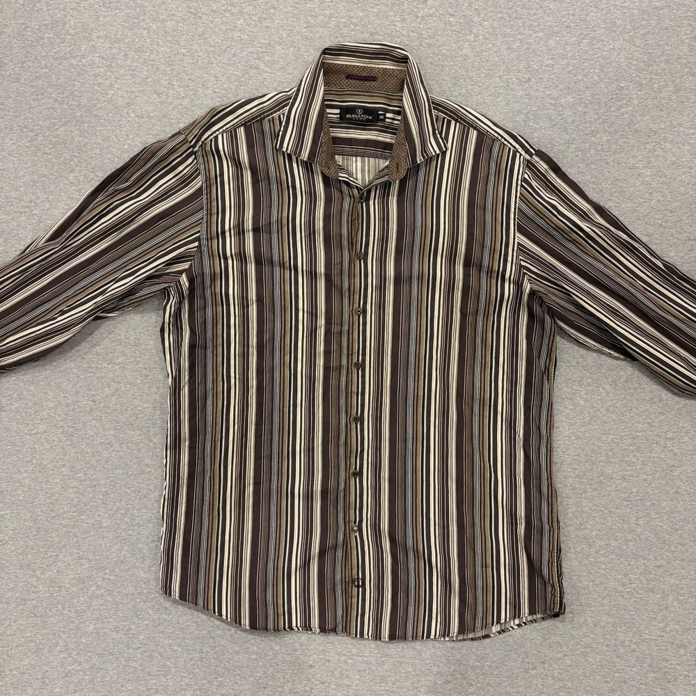 Bugatchi Uomo Button Up Shirt Men's Size XXL Brown Vertical Striped Flip Cuff - Picture 3 of 8